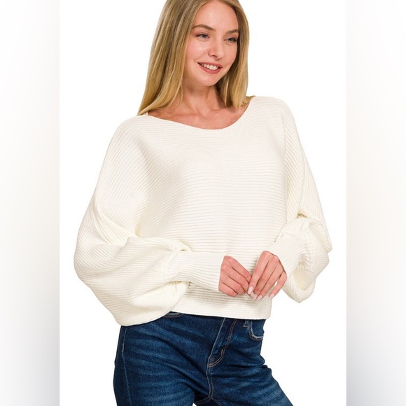 Zenana Ivory Boat Neck Long Balloon Sleeve Knit Sweater - Picture 1 of 2